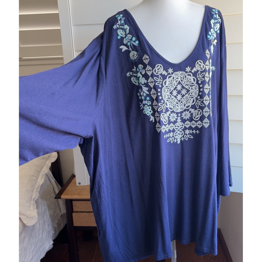 Womans Within Plus 5X Cotton Blend 3/4 Sleeve Embroidered V Neck Top Shirt Boho